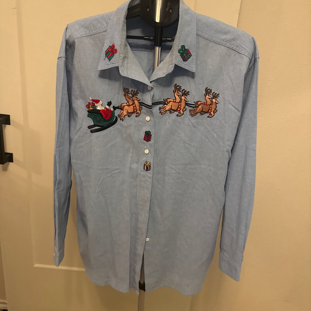 Women's Falls Creek Blue Christmas Santa Reindeer Button Down Shirt 24W